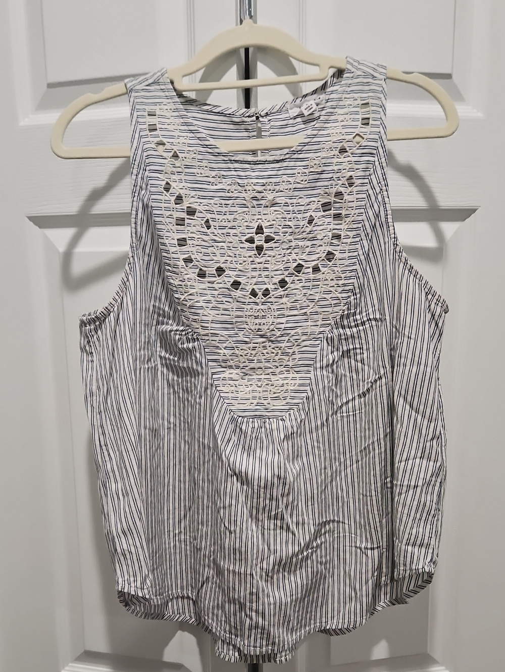 Eyeshadow White and Black Striped Crochet Yoke Camisole